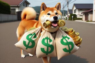 Shiba Inu carrying bags of money