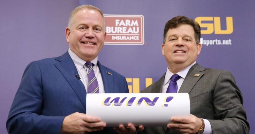 LSU's football coach and athletic director are absent. Still, the interim AD insists that ``this place is not broken.''